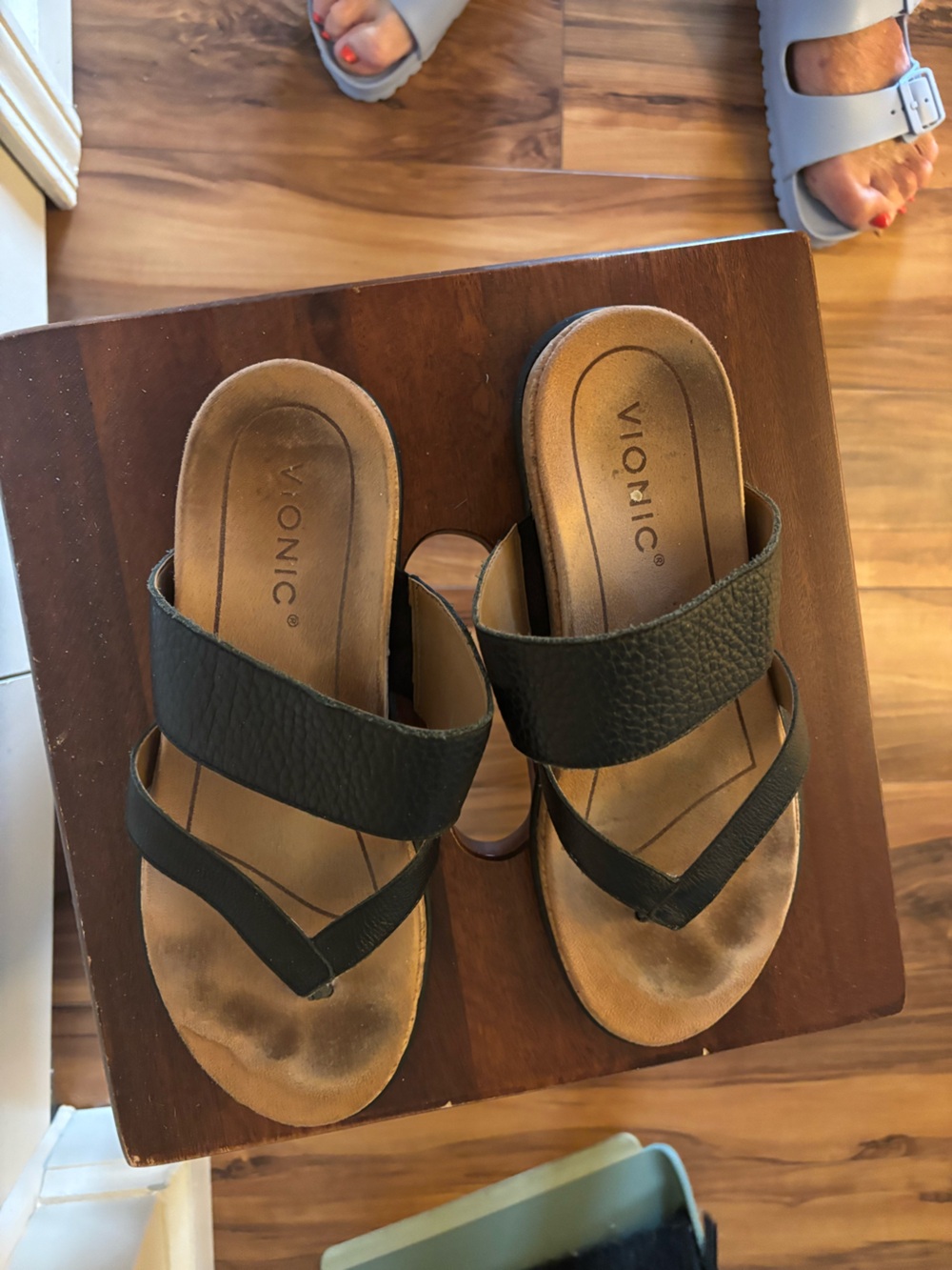 Vionic Black Leather Double-Strap Slide Sandals